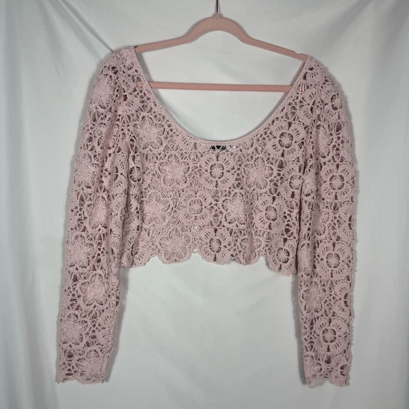 Zara Blush Pink Crochet Lace-Look Long Sleeve Crop Top, Size Large, NWOT. Boho - Picture 10 of 15